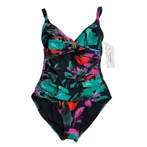 Calvin Klein Twist-Front Tummy-Control One-Piece Swimsuit Black Floral 6 New